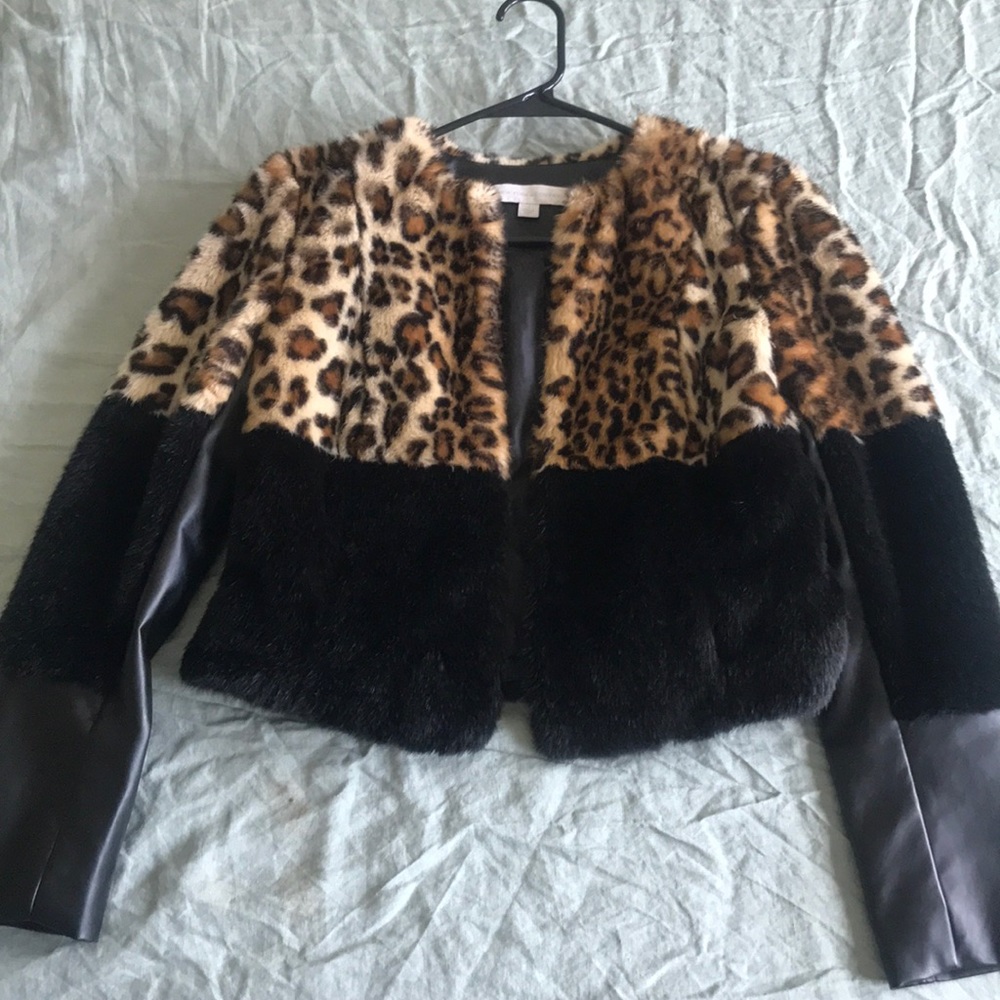 XS New York & Company Leopard Leather Jacket